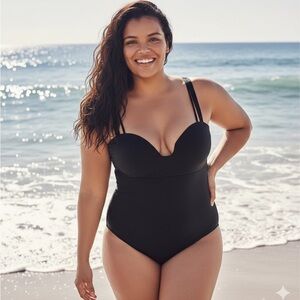 Athleta Womens Swimsuit Aqualuxe Square Plunge One Piece Keyhole Classic Black L